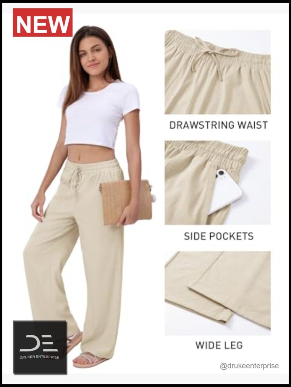 Wide Leg Palazzo Pants with Pockets Drawstring Flowy Beach Linen Trousers - Picture 4 of 6